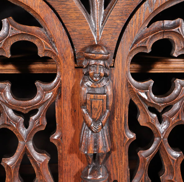70" Tall Antique French Gothic Revival Oak Wood Cabinet/Liquor/Wine/Bar Cabinet