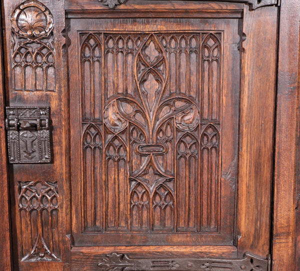 63" Tall Antique French Gothic Revival Cabinet Highly Carved in Solid Oak Wood