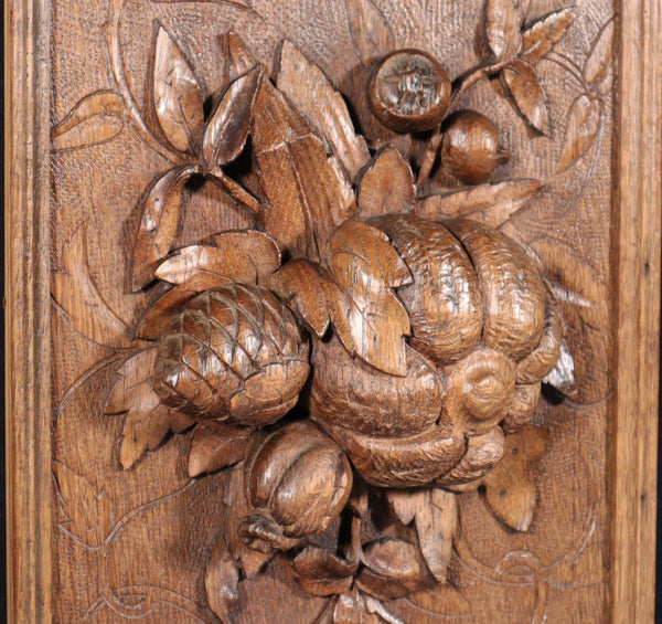 14" Tall French Antique Solid Oak Panel Highly Carved Harvest Theme