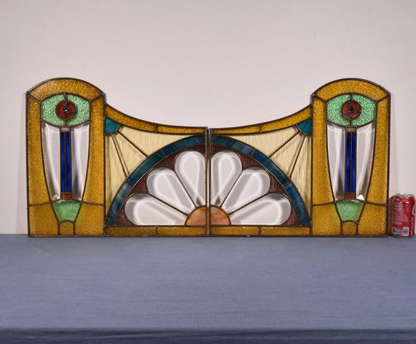 Pair of Vintage French Art Deco Stained Glass Panels with Copper Frames