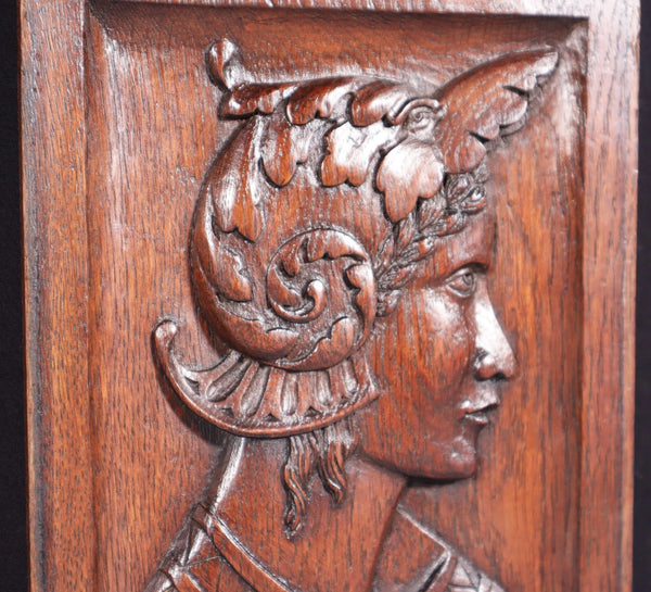 12" Tall Antique French Solid Oak Wood Hand Carved Portrait Profile of a Woman