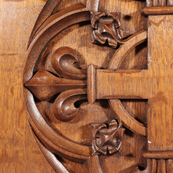 Antique French Gothic Revival Panel Carved Solid Oak Wood Salvage Christian