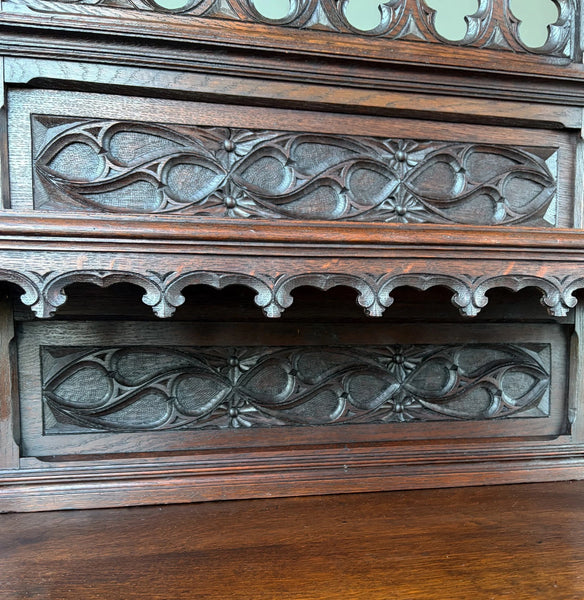 Antique French Gothic Revival Cabinet/Console/Sideboard,Highly Carved Oak