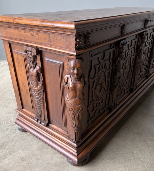 Antique French Renaissance Chest/Trunk/Sideboard Solid Walnut Detailed Carvings