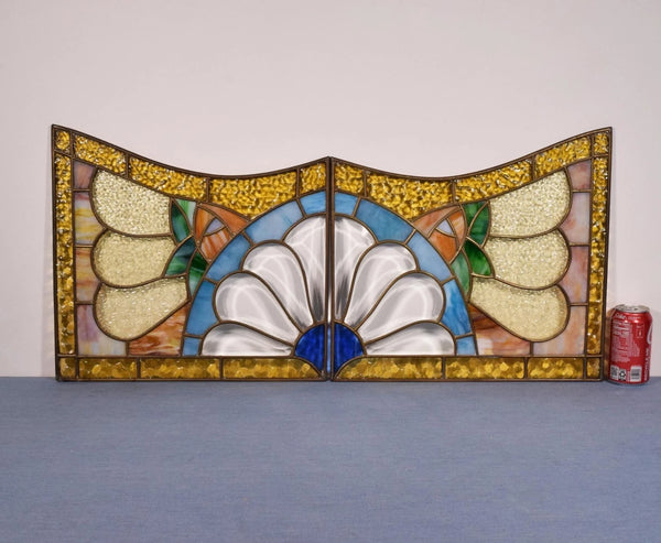 Pair of Vintage French Art Deco Stained Glass Panels with Copper Frames