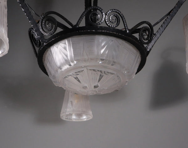 Antique French Art Deco Chandelier with Frosted Glass and Iron by Muller Freres