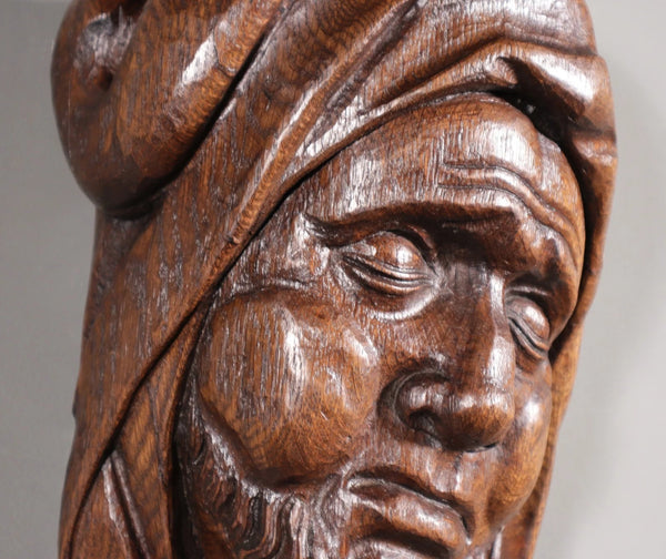 11" Tall Large Vintage Decorative Highly Carved Face/Head in Solid Oak Wood