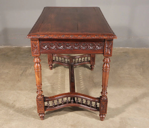 Antique French Breton Desk/Library Table in Solid Chestnut Wood with Carvings