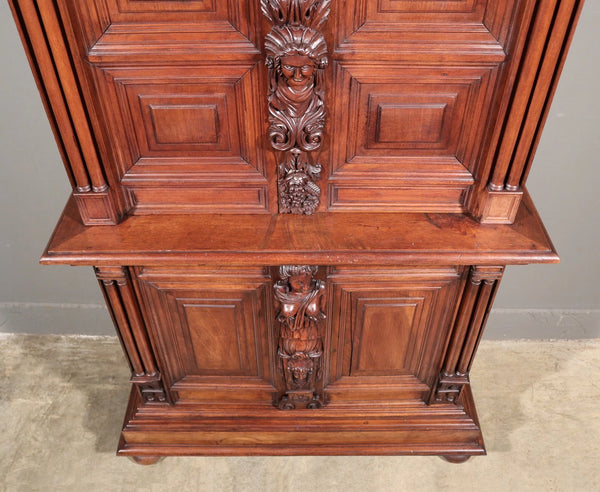 French Antique Solid Walnut Wood Neoclassical Gun Case/Cabinet with Carvings
