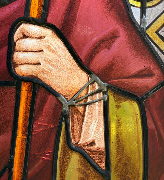 38" Wide Antique Stained/Leaded Glass Panel of Saint Highly Detailed