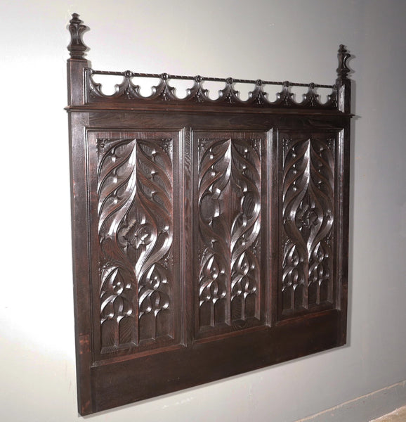 Antique French Neo Gothic Queen Sized Headboard in Solid Chestnut Wood