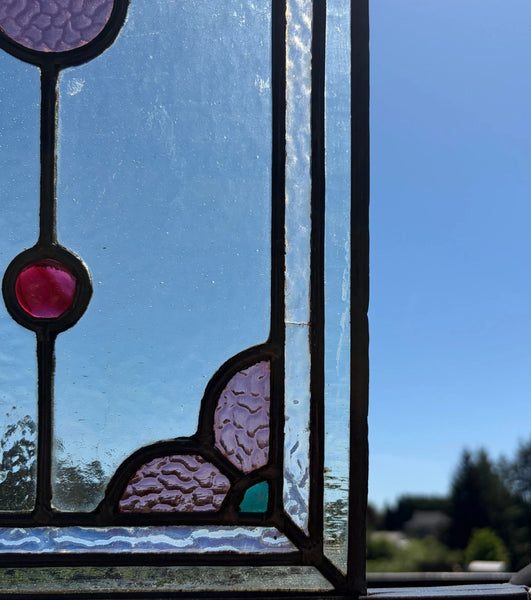 38" Tall Antique French Stained/Leaded Glass Panel w/Griffin and Uranium Glass