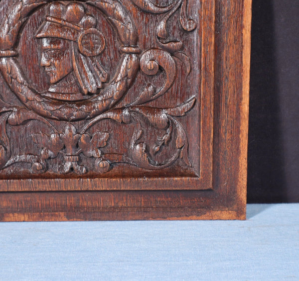 Antique French Solid Oak Highly Carved Panel with Portrait Carving Late 1800's