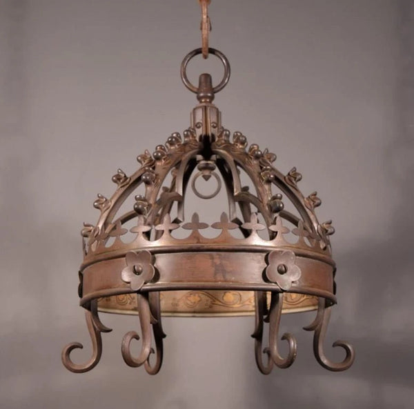 Antique Gothic French Bronze Crown Chandelier Pendent Hanging Lamp