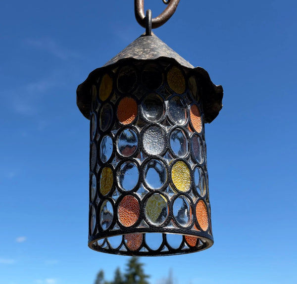9" Tall Vintage French Iron and Stained Glass Hanging Chandelier/Pendant Lamp
