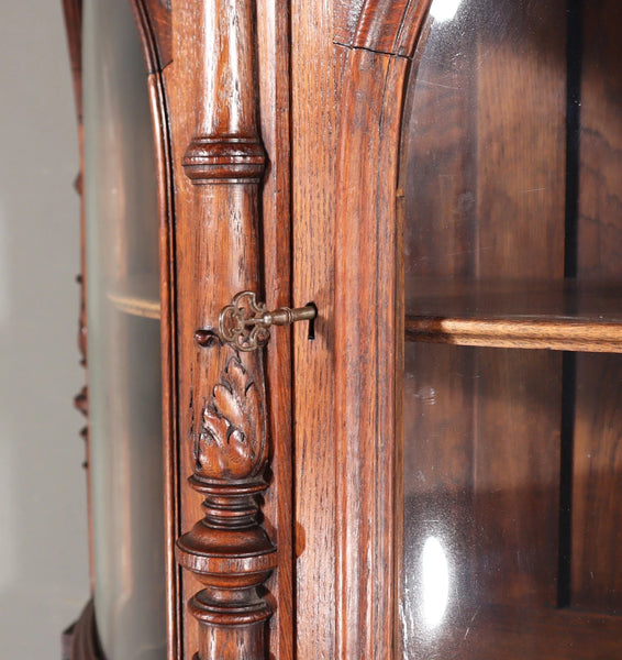65" Tall Antique French Solid Oak Wood Renaissance Curved Display Case/Cabinet