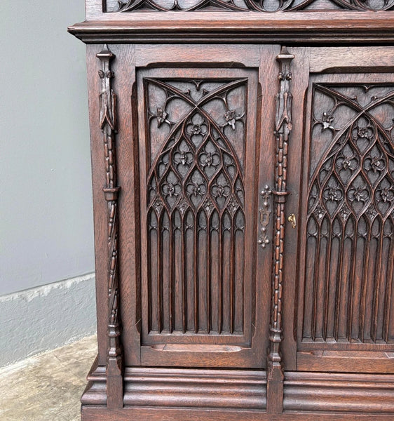 Antique French Gothic Revival Cabinet/Console/Sideboard, Highly Carved Oak