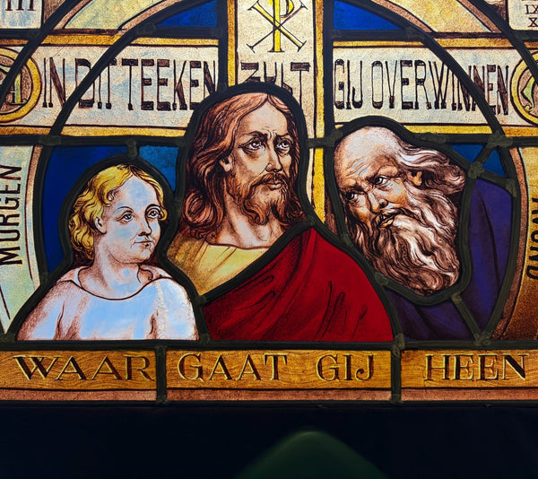 22" Wide Vintage Dutch Religious Stained/Leaded Glass Panel by Felix Bonner