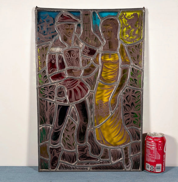 20" Tall Vintage Belgian/Flanders Stained/Leaded Glass Panel of Thyl and Nele