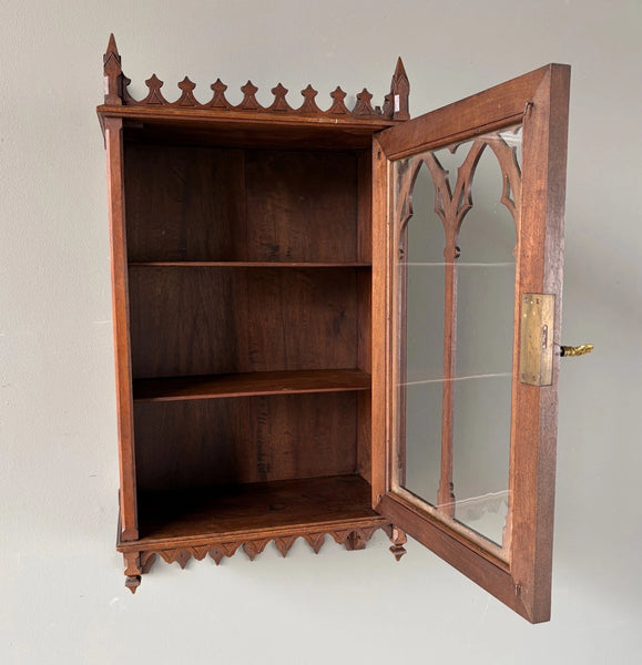 French Antique Gothic Revival Solid Oak and Walnut Wood Bar or Wall Cabinet