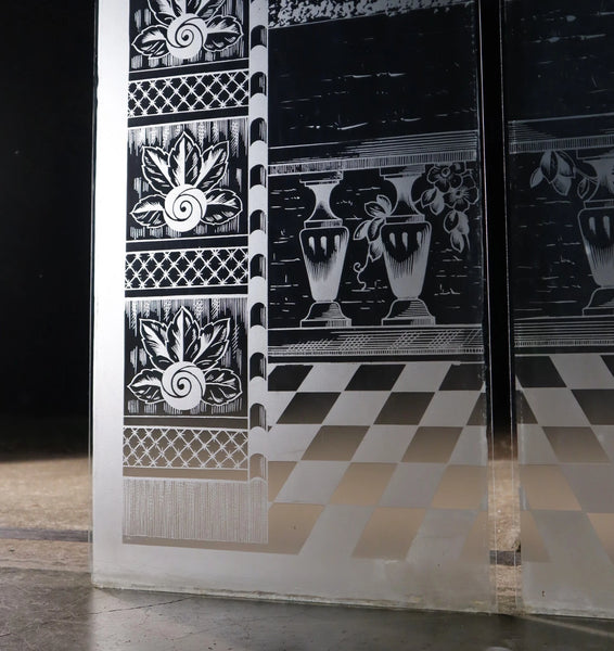 48" Tall Pair of Antique French Etched Glass Windows Frosted Glass with Birds