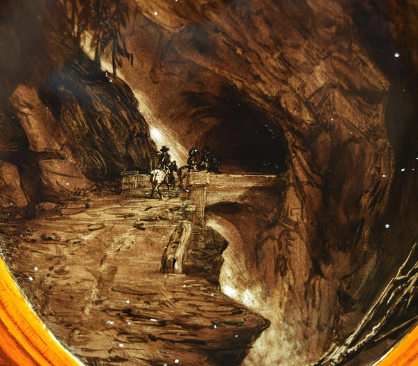 Brass Framed Antique French Stained Glass Panel with Mountain Pass Scene