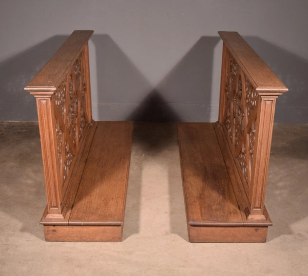 Pair of 59" Long Antique Gothic Revival Oak Wood Prayer Rails With Storage