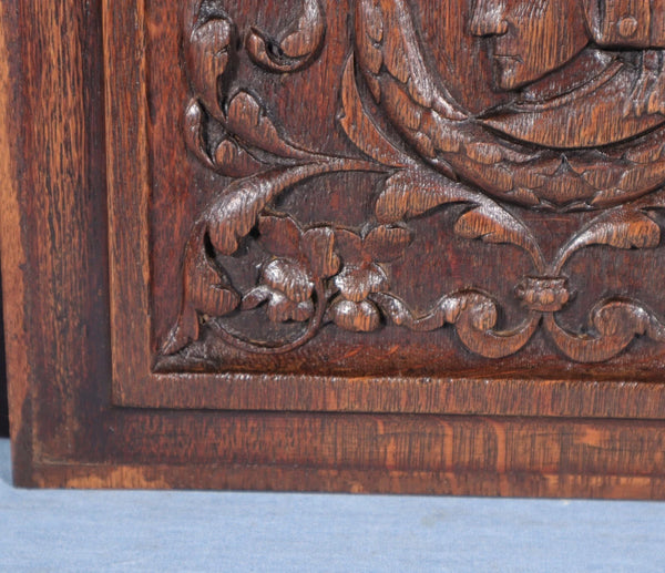 Antique French Solid Oak Highly Carved Panel with Portrait Carving Late 1800's