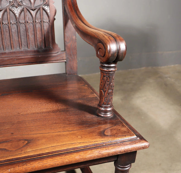 Share French Antique Gothic Revival Chestnut Arm Chair Carved Wood Desk Chair