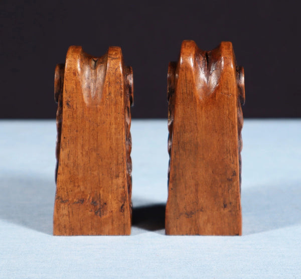 Pair of 3" Tall French Antique Highly Carved Heads in Solid Walnut Wood Trim