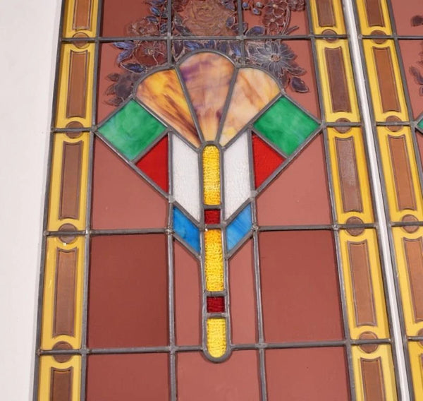 69" Pair of Vintage French Art Deco Stained Glass Windows w/Hand Painted Flowers