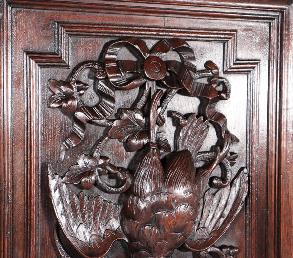 24" Tall French Antique Solid Oak Panel Highly Carved Hunting Theme with Bird