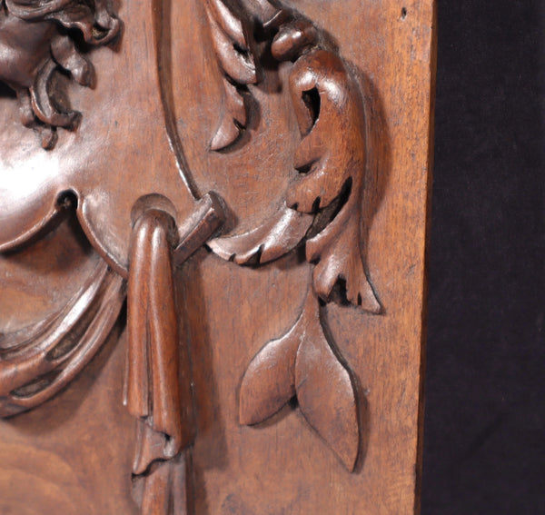 15" Tall Antique French Solid Walnut Wood Panel with Highly Carved Devil/Face
