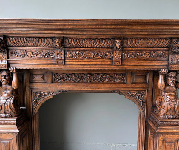 XL Vintage Renaissance Revival Oak Fireplace Surround/Mantel w/Carved Figures