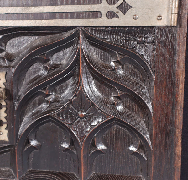 Antique French Solid Chestnut Wood Carved Gothic Door w/Faux Hinges and Latch