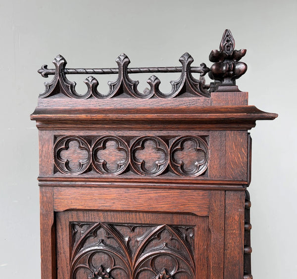67" Tall French Antique Gothic Cabinet in Solid Oak Highly Carved Wood