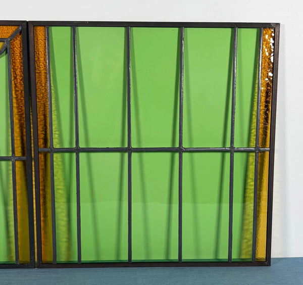 43" Tall Pair of Antique French Stained Glass Window Panels Green & Yellow Glass