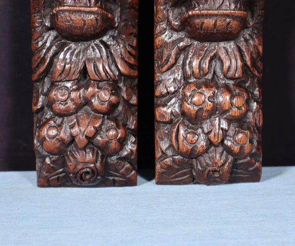 Pair of 8" French Antique Highly Carved Lion Corbels/Trim/Brackets Solid Oak