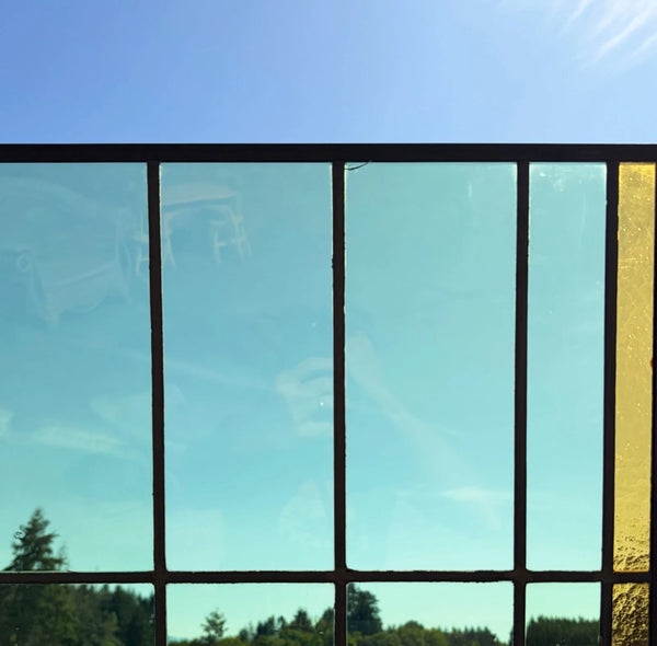 43" Tall Pair of Antique French Stained Glass Window Panels Green & Yellow Glass