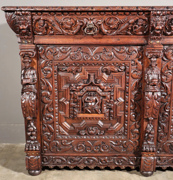 1700's Antique French Renaissance Sideboard in Solid Wood Oak Highly Carved