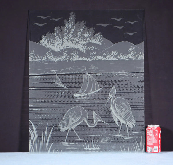 25" Tall Antique French Etched Glass Window Frosted Glass with Herons/Birds