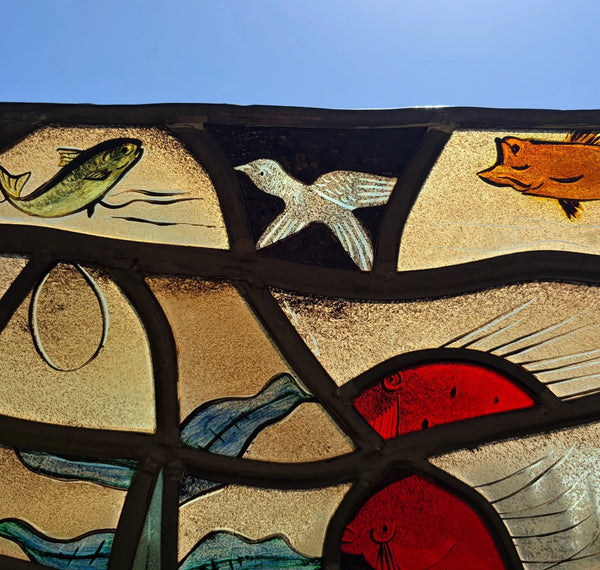 Vintage Dutch Stained/Leaded Glass Panel by Lea Steppe Sea Life Themed