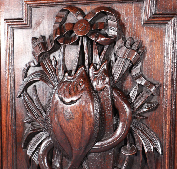 24" Tall French Antique Solid Oak Panel Highly Carved Hunting Theme with Fish