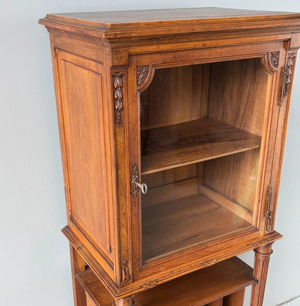 French Antique Narrow Walnut Bookcase/Display Case with Locking Door