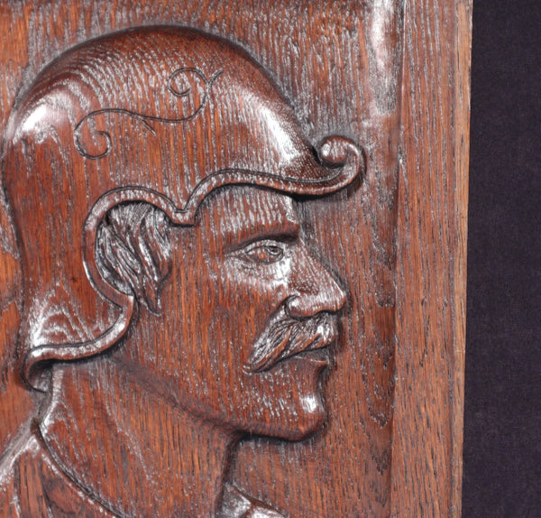 12" Tall Antique French Solid Oak Wood Hand Carved Portrait Profile of a Man