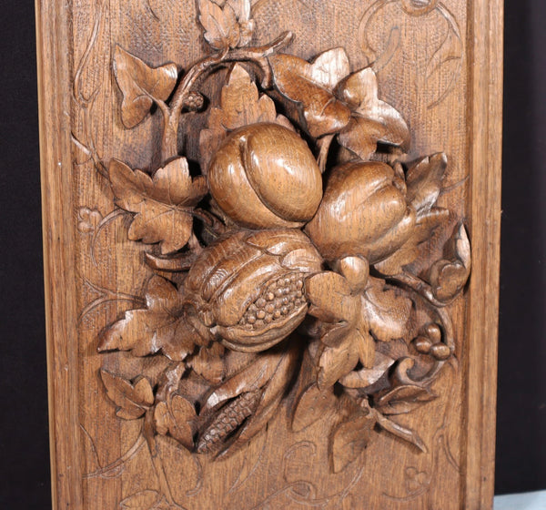 14" Tall French Antique Solid Oak Panel Highly Carved Harvest Theme