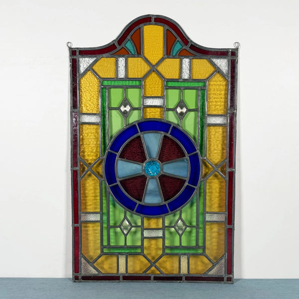 28" Tall French Antique Religious Stained/Leaded Glass Panel from a Church