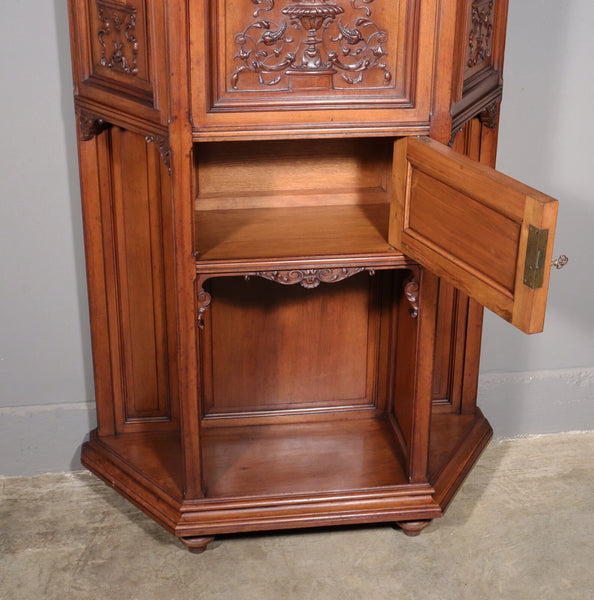 71" Tall Antique French Solid Walnut Wood Highly Carved Renaissance Cabinet