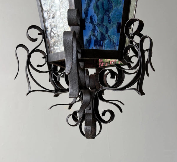25" Tall French Antique Iron and Stained Glass Hanging Chandelier/Pendant Lamp