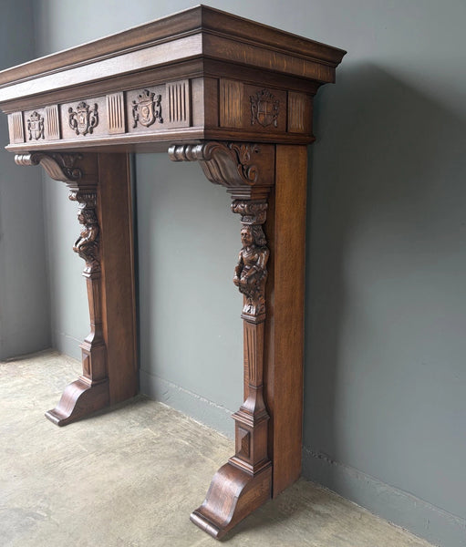 82" Large Vintage Renaissance Revival Oak Fireplace Surround/Mantel w/Figures